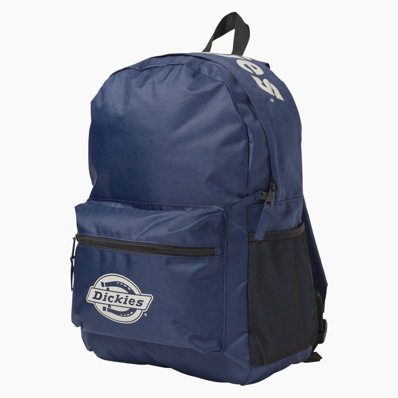 Load image into Gallery viewer, This Dickies double logo backpack features a large main compartment with internal laptop sleeve. The bag has a padded back panel for comfort, a side water bottle pocket, and a bold iconic horseshoe logo on the front as well as the signature Dickies wordmark across the top.
