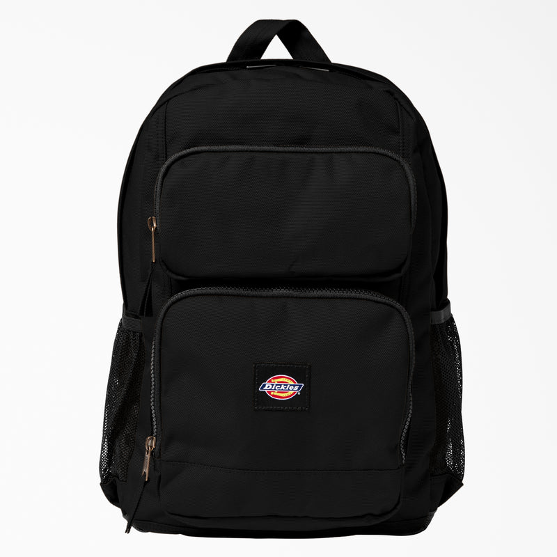 Load image into Gallery viewer, The Dickies double pocket backpack is designed to keep your essentials secure and organized. The backpack features a large main compartment with padded internal laptop sleeve, two front zip pockets, a fully padded back panel, and two water bottle pockets. It has several pocket slots in various sizes on the interior for your pencils, phone, wallet, and other essentials.
