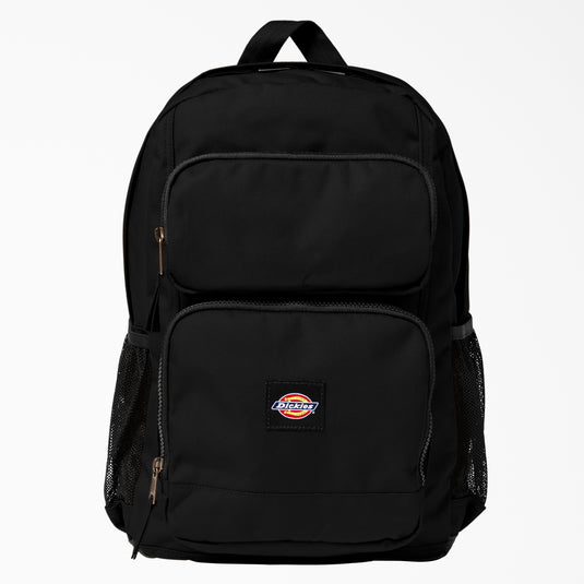 The Dickies double pocket backpack is designed to keep your essentials secure and organized. The backpack features a large main compartment with padded internal laptop sleeve, two front zip pockets, a fully padded back panel, and two water bottle pockets. It has several pocket slots in various sizes on the interior for your pencils, phone, wallet, and other essentials.