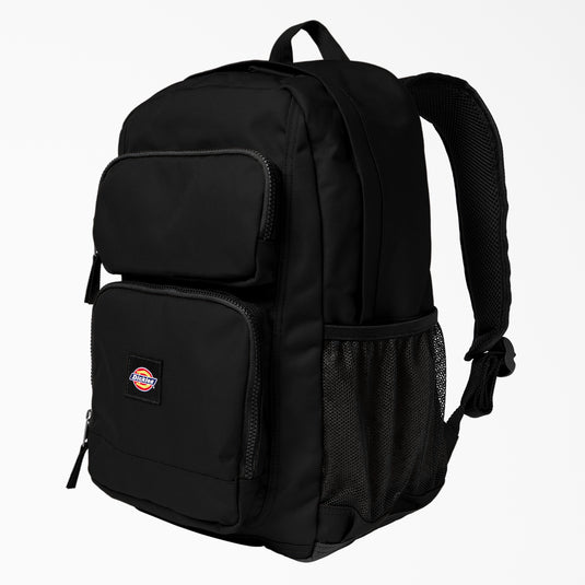 The Dickies double pocket backpack is designed to keep your essentials secure and organized. The backpack features a large main compartment with padded internal laptop sleeve, two front zip pockets, a fully padded back panel, and two water bottle pockets. It has several pocket slots in various sizes on the interior for your pencils, phone, wallet, and other essentials.