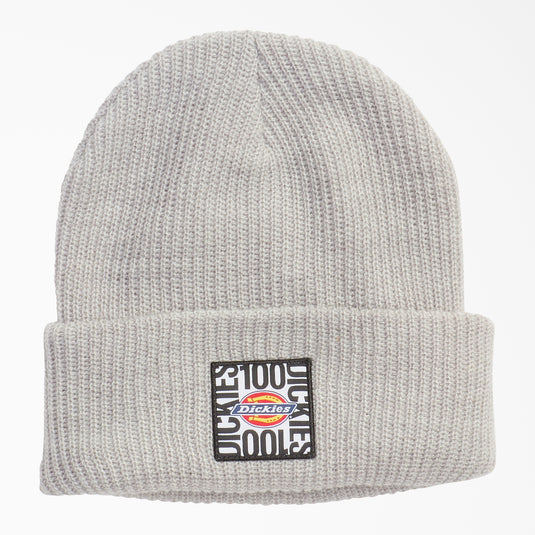 Gray knit beanie with Dickies logo on a white background