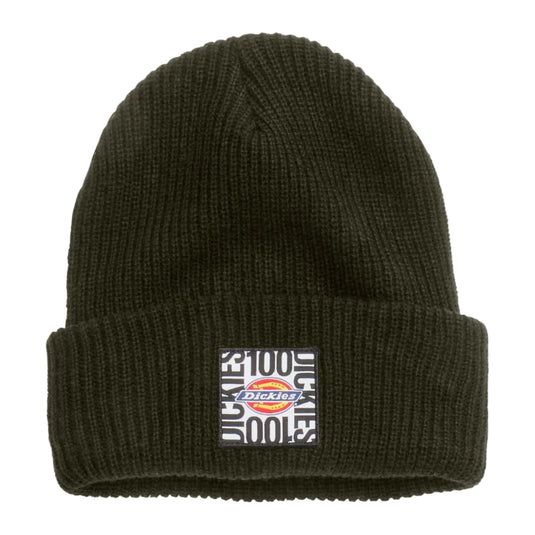 Dark green beanie with Dickies logo on a white background