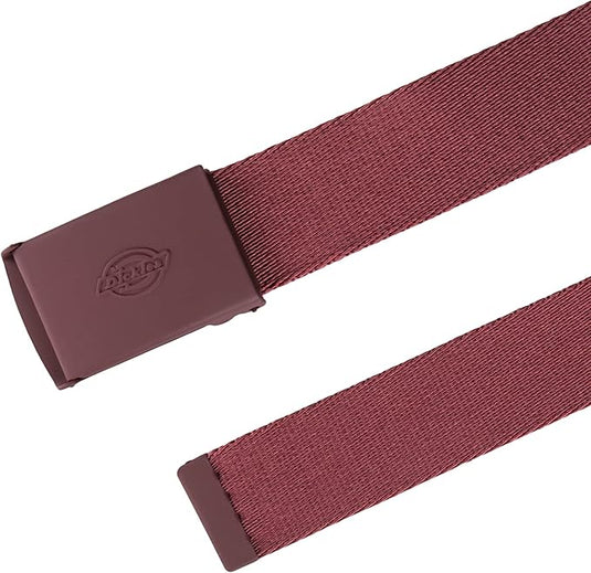 Flat lay of a coral canvas belt with a matte plaque Dickies buckle on a white background.