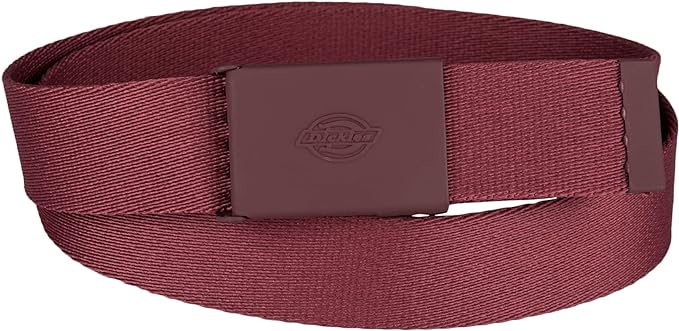 Load image into Gallery viewer, Coral canvas belt with a matte plaque Dickies buckle on a white background.
