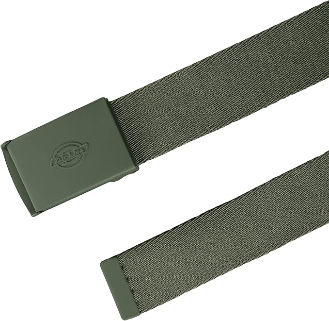 Load image into Gallery viewer, Flat lay of a olive green belt with a matte plaques Dickies buckle on a white background. 
