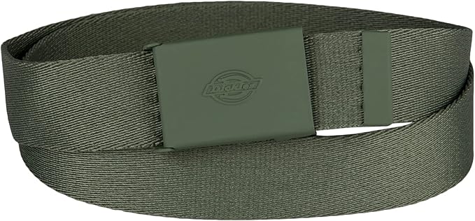 Load image into Gallery viewer, Olive canvas belt with a matte plaque Dickies buckle on a white background
