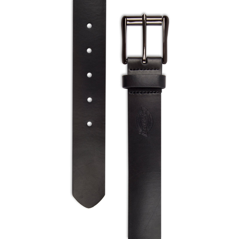 Load image into Gallery viewer, Black leather belt with a silver buckle on a white background
