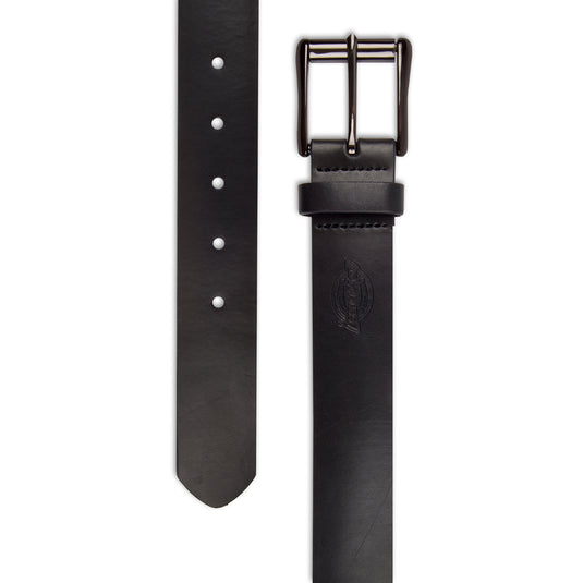 Black leather belt with a silver buckle on a white background