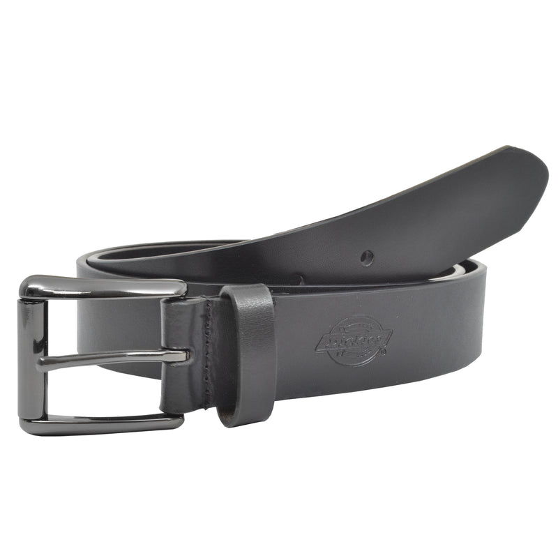 Load image into Gallery viewer, Black leather belt with silver buckle on a white background
