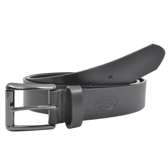 Black leather belt with silver buckle on a white background