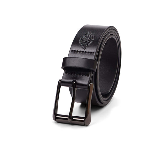 Black leather belt with a Dickies brand logo on a white background