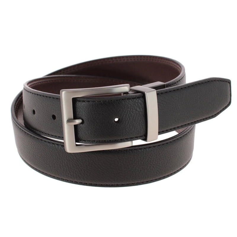 Load image into Gallery viewer, Black leather belt with a silver buckle on a white background
