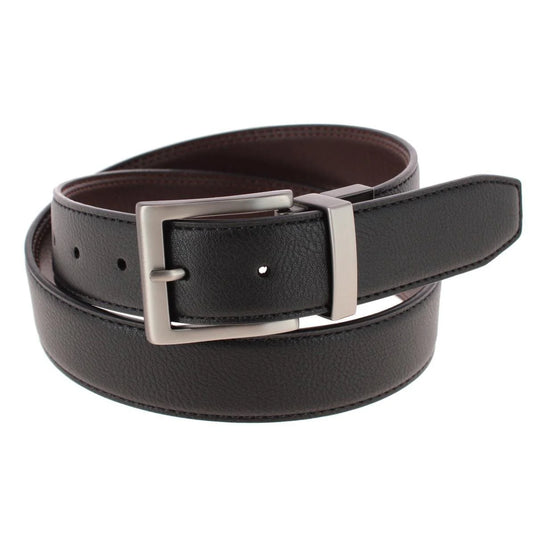 Black leather belt with a silver buckle on a white background