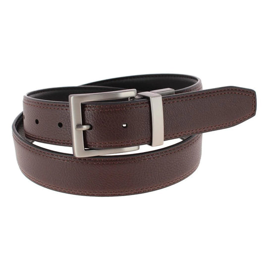 Brown leather belt with silver buckle on a white background