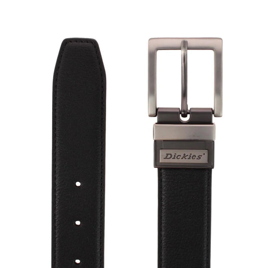 Black Dickies belt with silver buckle on a white background