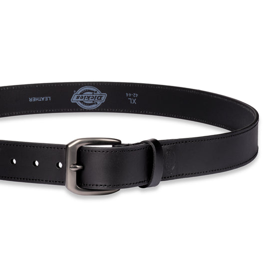 Black Dickies leather belt with a silver buckle on a white background. 