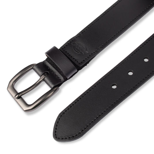 Black Dickies leather belt with a silver buckle on a white background