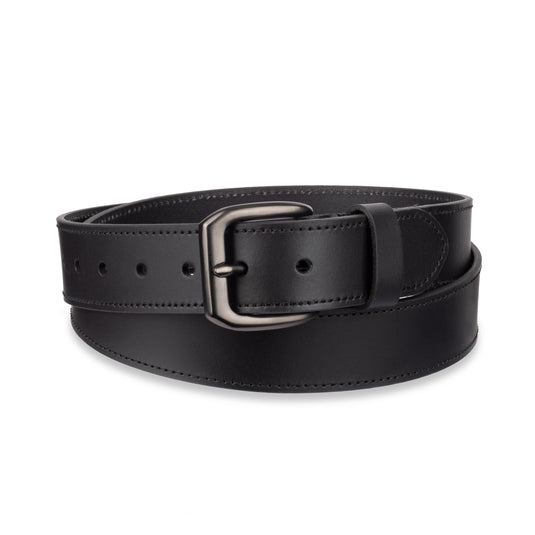 Black Dickies leather belt rolled up with a silver buckle on a white background. 
