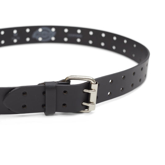 Black leather belt with silver buckle on a white background
