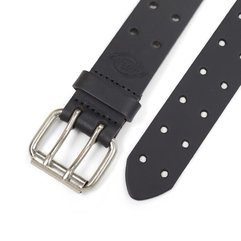 Load image into Gallery viewer, Black leather belt with silver buckle on a white background
