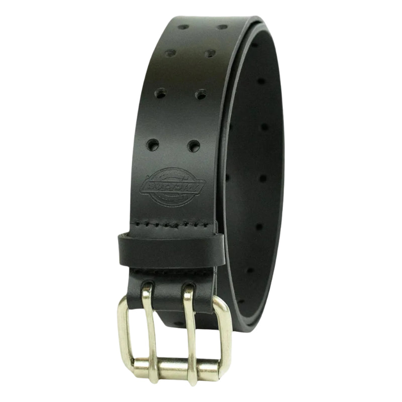 Load image into Gallery viewer, Black leather belt with a silver buckle on a white background
