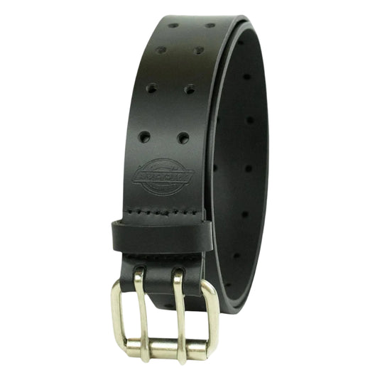 Black leather belt with a silver buckle on a white background