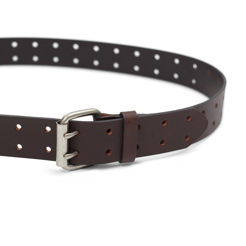 Load image into Gallery viewer, Brown leather belt with silver buckle on a white background
