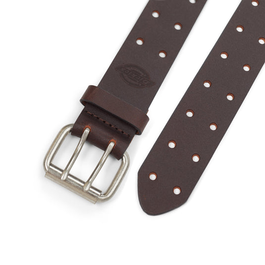 Brown leather belt with silver buckle on a white background