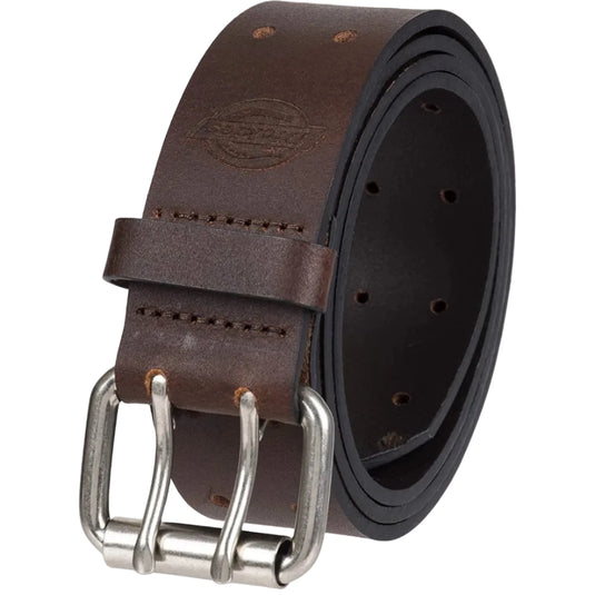 Brown leather Dickies belt rolled up on a white background. 