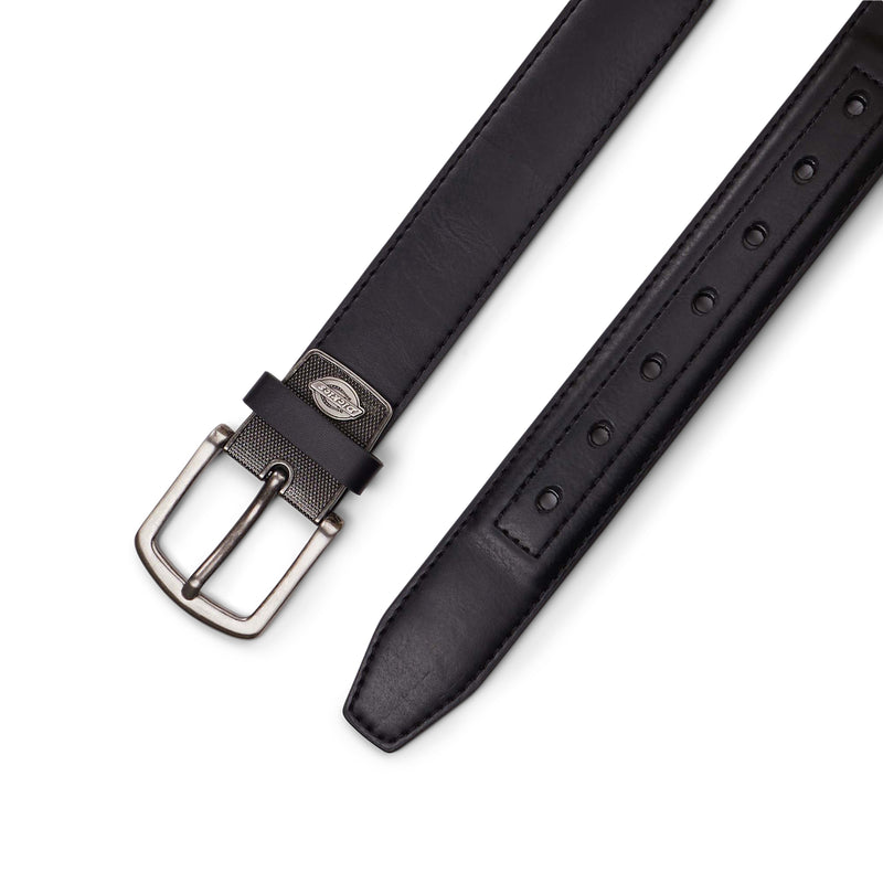 Load image into Gallery viewer, Black Dickies leather belt with silver buckle on a white background
