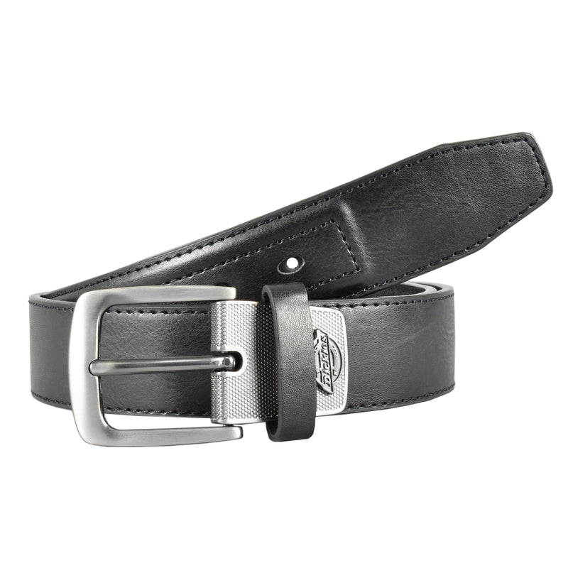 Load image into Gallery viewer, Black Dickies leather belt with silver buckle on a white background
