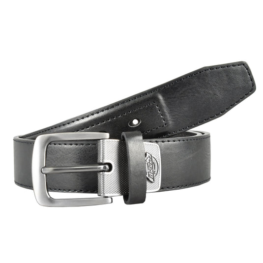Black Dickies leather belt with silver buckle on a white background
