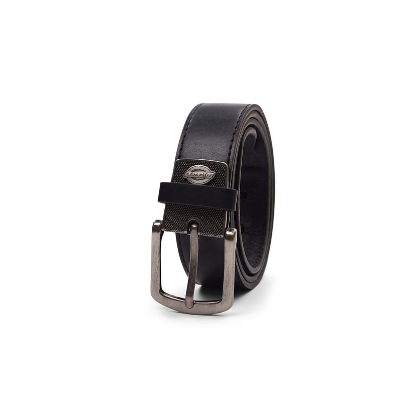 Load image into Gallery viewer, Black Dickies leather belt with a silver buckle on a white background
