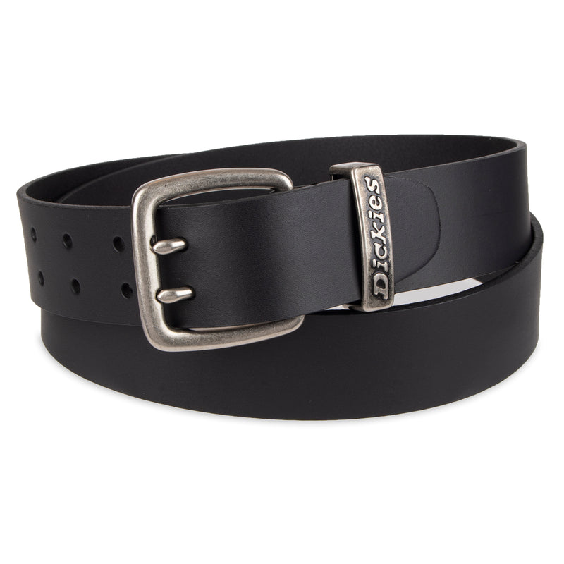 Load image into Gallery viewer, Black Dickies belt with silver buckle on a white background
