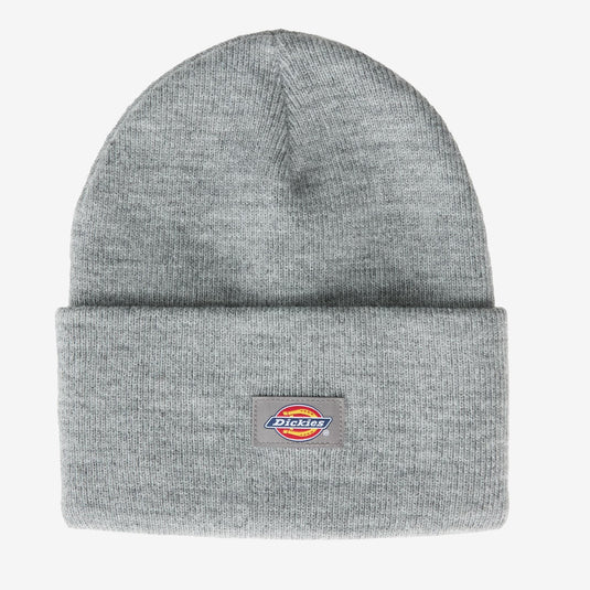 Gray knit beanie with Dickies logo on a white background
