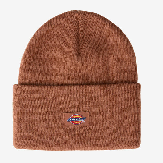 Russet brown beanie with Dickies logo on a light gray background