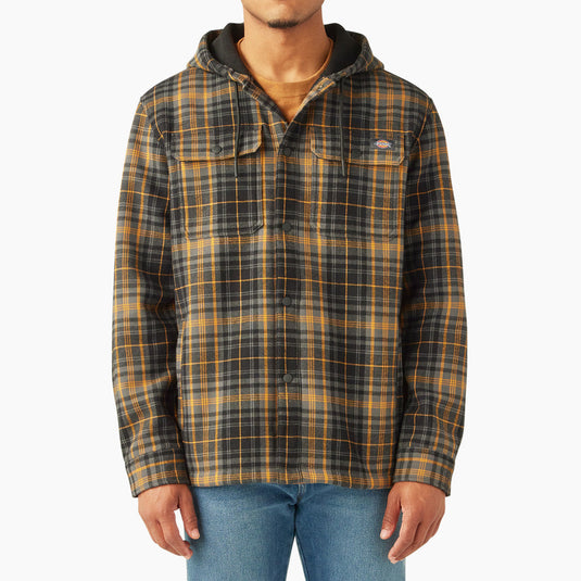 Man wearing a charcoal plaid shirt jacket with a hood on a white background