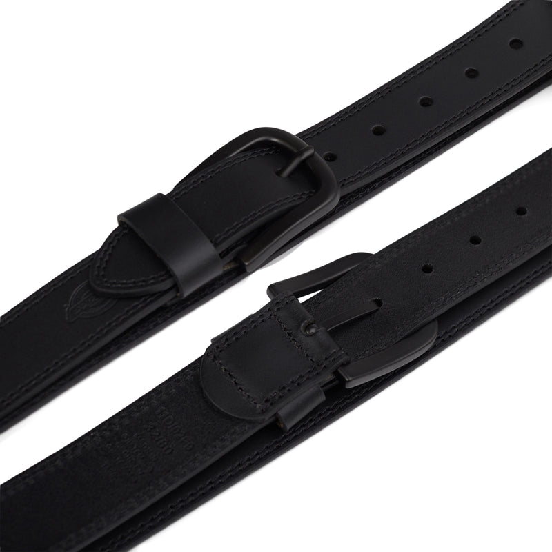 Load image into Gallery viewer, Two black leather belts with buckles on a white background
