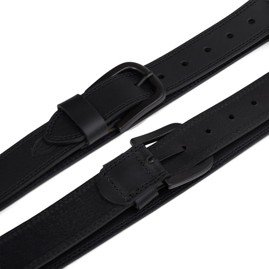Two black leather belts with buckles on a white background