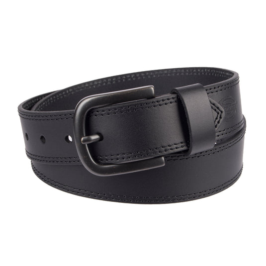 Black leather belt with a silver buckle on a white background