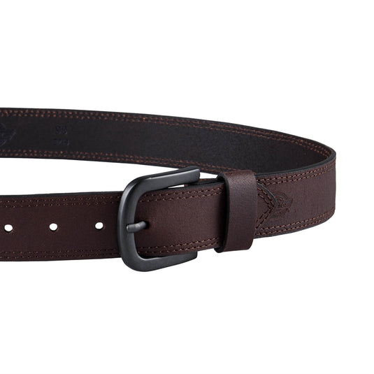 Brown leather belt with a black buckle on a white background
