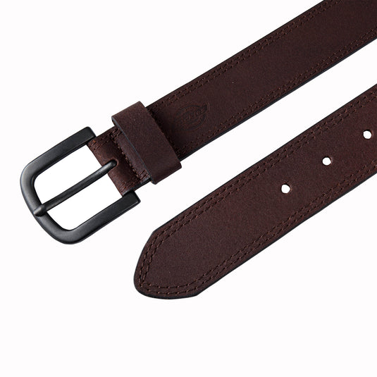 Brown leather belt with a black buckle on a white background