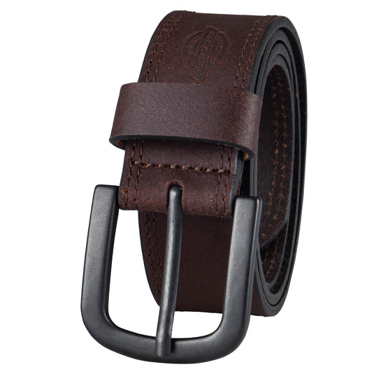 Brown leather belt with black buckle on a white background