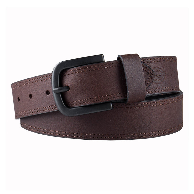 Load image into Gallery viewer, Brown leather belt with a black buckle on a white background

