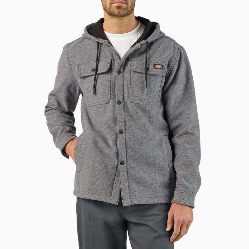 Load image into Gallery viewer, Man wearing a gray hooded snap on jacket on a white background
