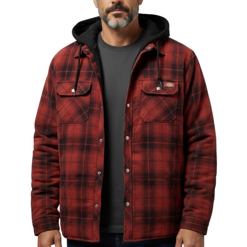 Load image into Gallery viewer, Red plaid jacket with a hood worn by a person on a white background
