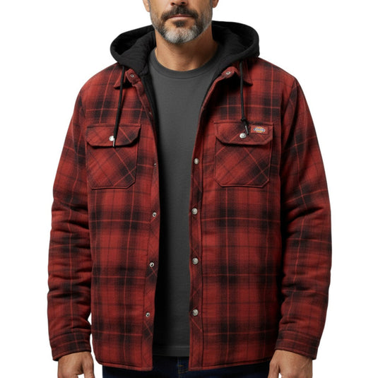 Red plaid jacket with a hood worn by a person on a white background