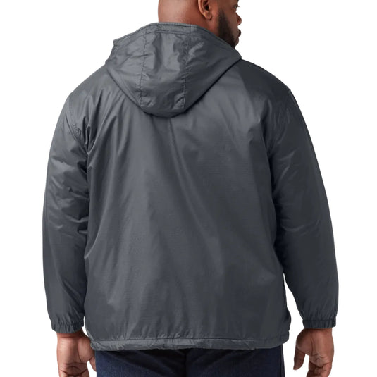 Man wearing a gray jacket on a white background