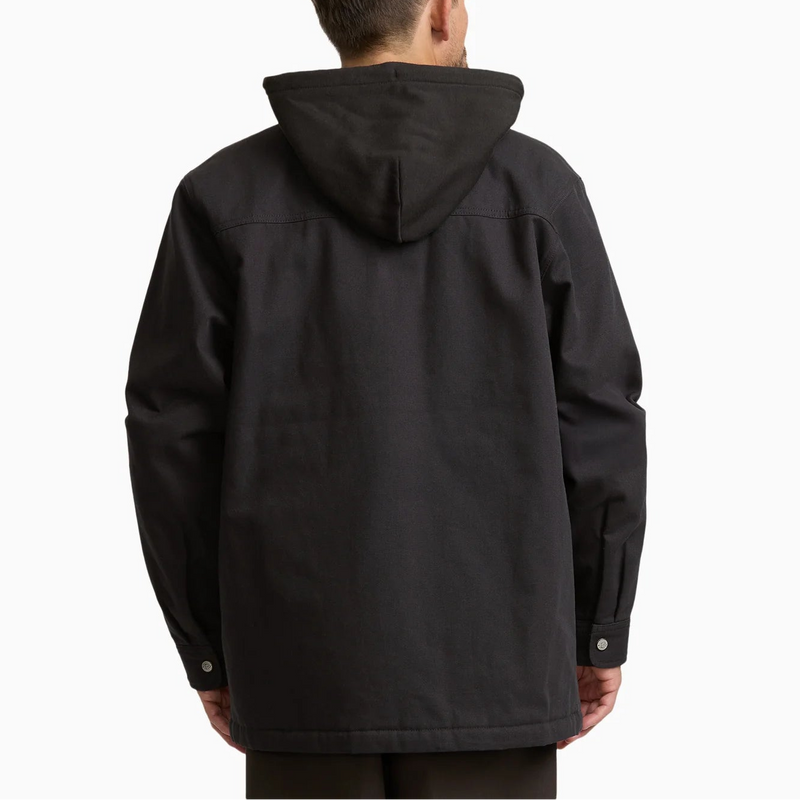 Load image into Gallery viewer, A man viewed from behind wearing a black hooded jacket against a plain white studio background.
