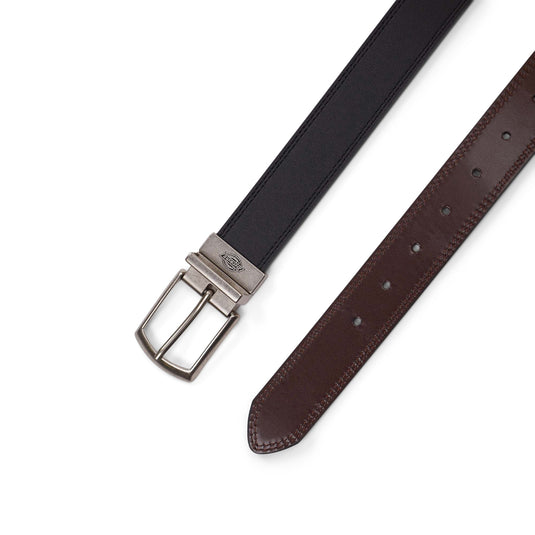 Black Dickies belt with a brown side on a white background. 